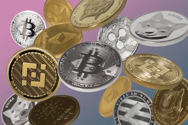 Düşen kriptolar (bitcoinler, dogecoinler, shiba paralar, binance paralar ve diğerleri) gri arkaplan üzerinde