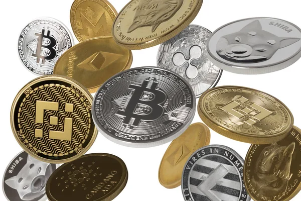 Κρυπτογραφικά Νομίσματα Που Πέφτουν Bitcoins Dogecoins Shiba Coins Binance Coins — Φωτογραφία Αρχείου