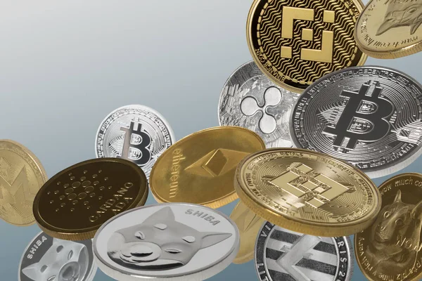 Vallende Cryptocurrencies Bitcoins Dogecoins Shiba Coins Binance Coins Andere Grijze — Stockfoto