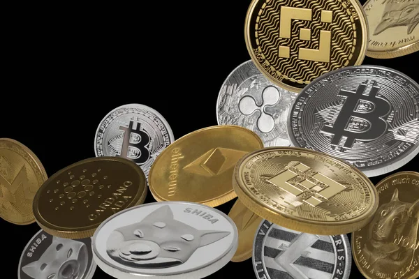 Vallende Cryptocurrencies Bitcoins Dogecoins Shiba Coins Binance Coins Andere Geïsoleerd — Stockfoto