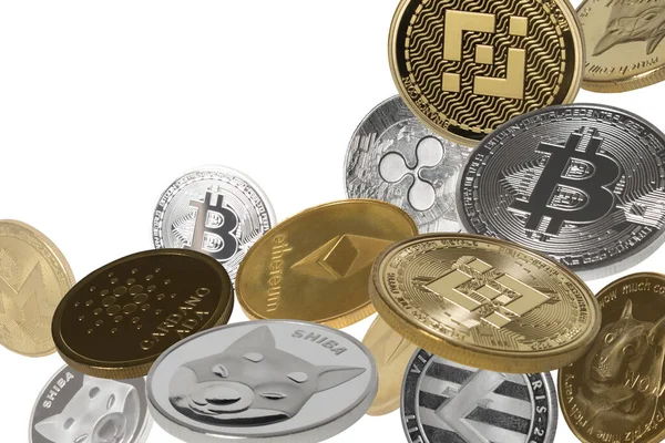 Vallende Cryptocurrencies Bitcoins Dogecoins Shiba Coins Binance Coins Andere Geïsoleerd — Stockfoto