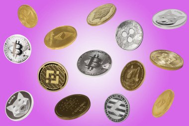 Düşen kriptolar (bitcoinler, dogecoinler, shiba paralar, binance paralar ve diğerleri) mor arkaplan üzerine