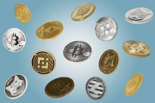 Vallende Cryptocurrencies Bitcoins Dogecoins Shiba Coins Binance Coins Andere Grijze — Stockfoto