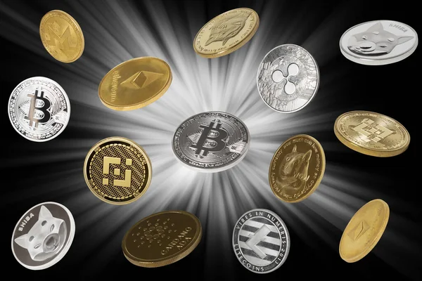 Vallende Cryptocurrencies Bitcoins Dogecoins Shiba Coins Binance Coins Andere Zwarte — Stockfoto