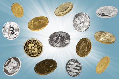 Düşen kriptolar (bitcoinler, dogecoinler, shiba paralar, binance paralar ve diğerleri) gri arkaplan üzerinde