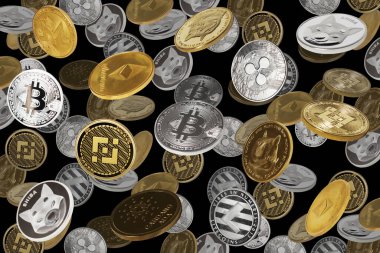 Düşen kriptolar (bitcoinler, dogecoinler, shiba paralar, binance paralar ve diğerleri) siyah arkaplan üzerine