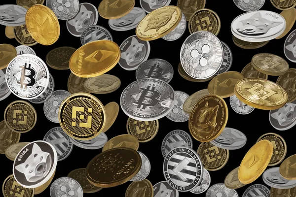 Vallende Cryptocurrencies Bitcoins Dogecoins Shiba Coins Binance Coins Andere Zwarte — Stockfoto