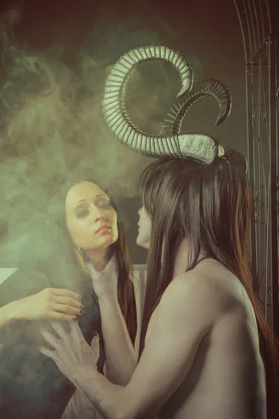 Horned Demon Trying Touch Innocent Gothic Girl — Stock Photo, Image