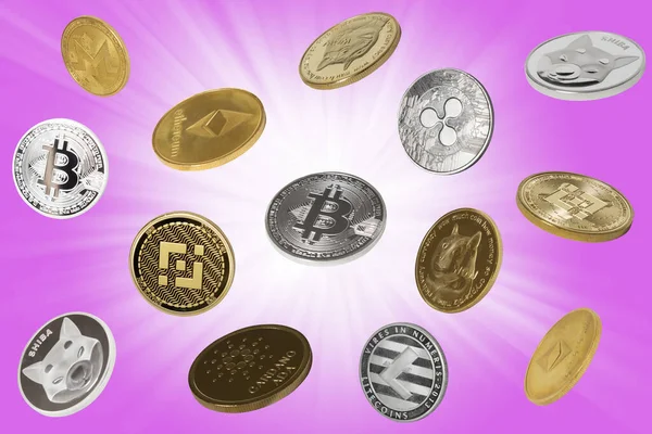 Vallende Cryptocurrencies Bitcoins Dogecoins Shiba Coins Binance Coins Andere Paarse — Stockfoto