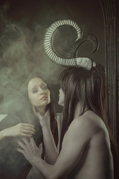 Horned Demon Trying Touch Innocent Gothic Girl — Stock Photo, Image