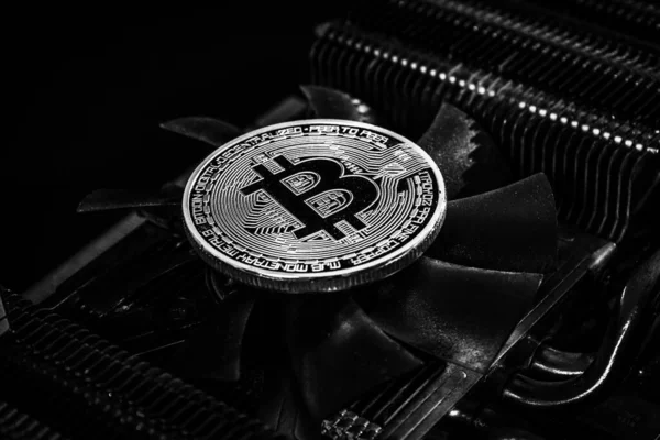 Bitcoin Prata Sobre Placa Vídeo Gráfico — Fotografia de Stock