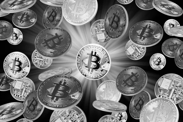 Vallende Bitcoins Zwarte Achtergrond — Stockfoto