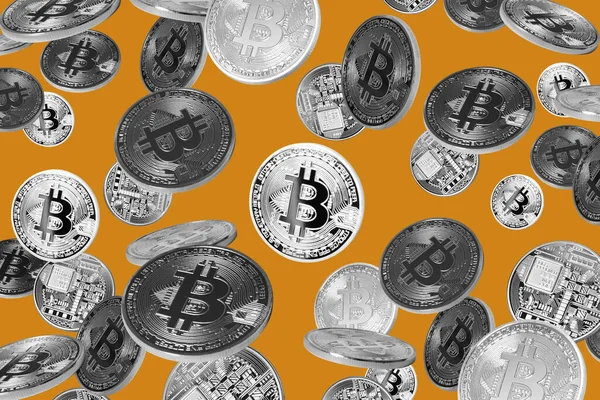 Vallende Bitcoins Gele Achtergrond — Stockfoto