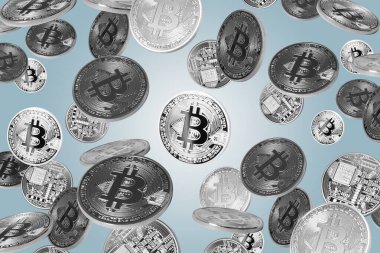 Gri arkaplan üzerine düşen bitcoinler