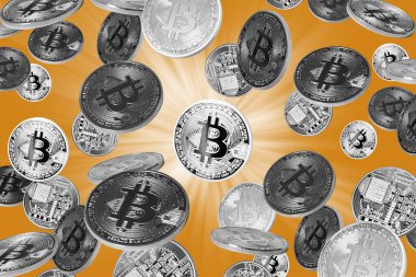 Sarı arkaplan üzerine düşen bitcoinler
