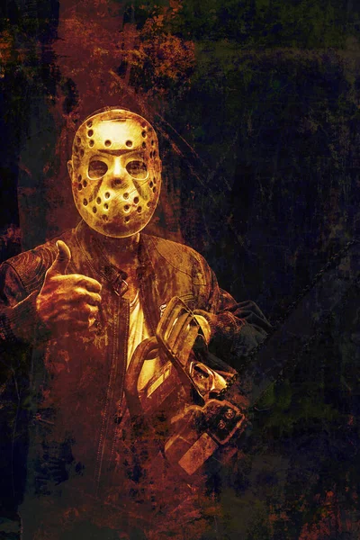 Man Mask Chainsaw Posing Dark Background — Stock Photo, Image