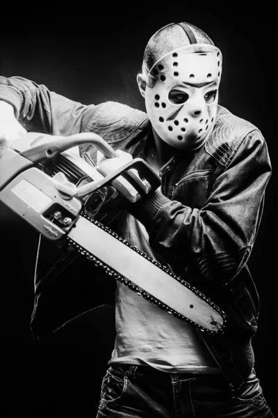 Man Mask Chainsaw Dark Background — Stock Photo, Image