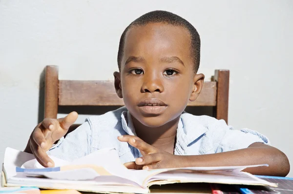 Schoolboy before his study table. Stock Picture