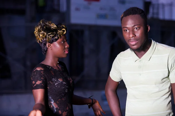 Young Man Standing Outdoors Playing Arguing His Girlfriend — Stock Photo, Image