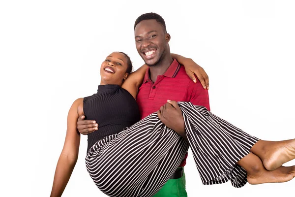 Happy Man Sweetheart Carrying Woman His Arms Isolated White Background — Stock Photo, Image