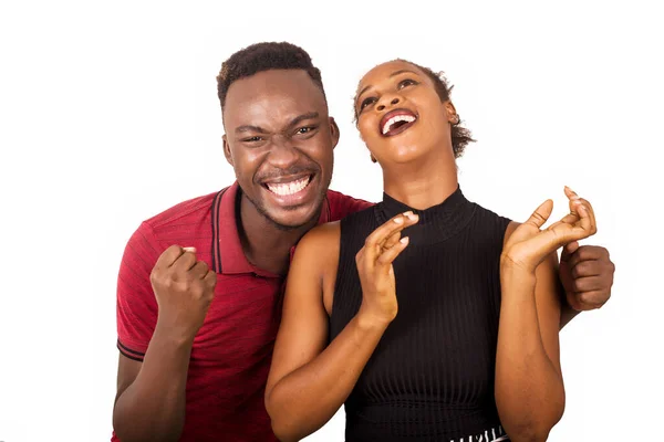 Young Couple Standing White Background Laughing While Looking Camera — Stock Photo, Image