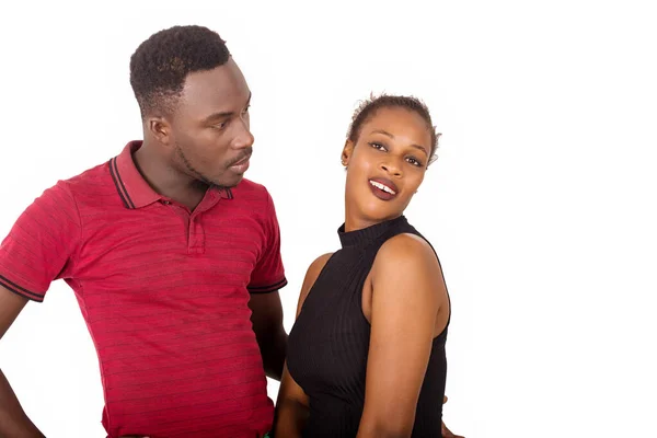 Young Man Standing White Background Looking His Girlfriend Who Smiles — Stock Photo, Image