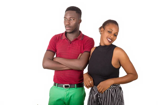 Young Charming Couple Posing Smiling While Standing Bored Man Depression — Stock Photo, Image