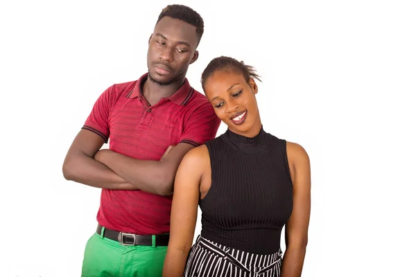 Young Charming Couple Posing Smiling While Standing Bored Man Depression — Stock Photo, Image