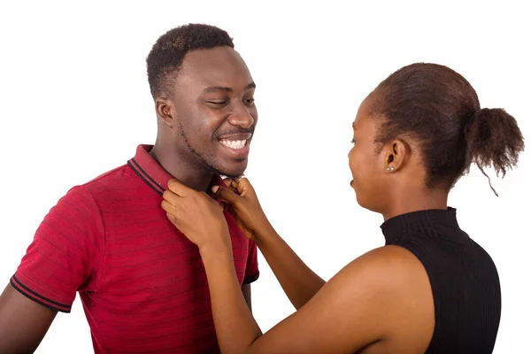 Woman Adjusting Outfit Her Boyfriend Man Woman Helping Her Husband — Stock Photo, Image