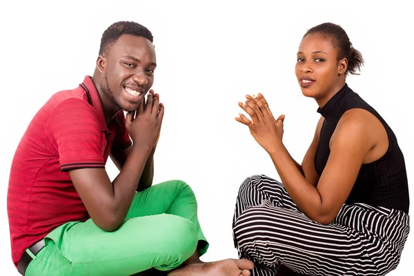 Couple Sitting Floor Looks Camera Smiling — Stock Photo, Image