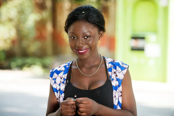 Young African Woman Standing Staring Camera Smiling Beauty Pencil Hand — Stock Photo, Image