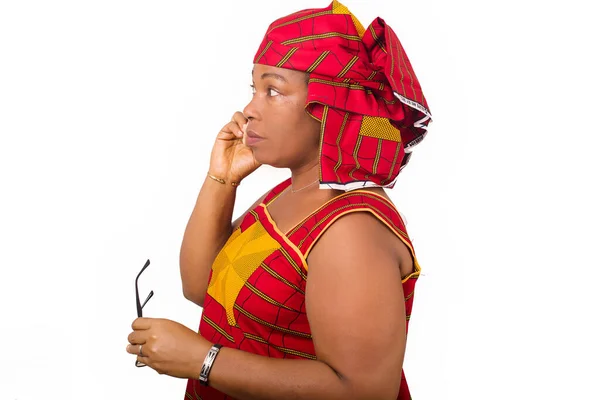 Mature Woman Red African Outfit Talking Smart Phone Smile Profile — Stock Photo, Image