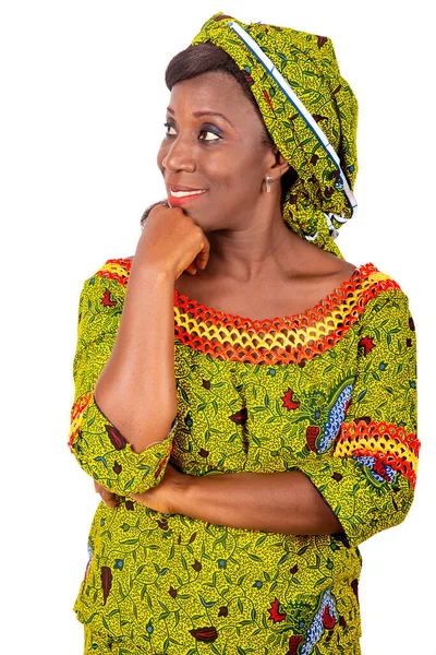 Beautiful Adult African Woman Dressed Pensive Green Loincloth Smiling While — Stock Photo, Image