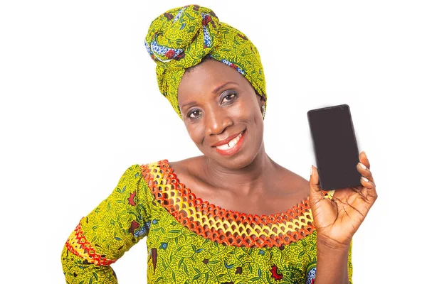 Piękna Afrykańska Dorosła Kobieta Ubrana Zielony Przepaska Uśmiecha Się Pokazując — Zdjęcie stockowe