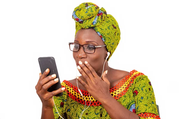 Beautiful African Adult Woman Dressed Loincloth Green Scarf Glasses Takes — Stock Photo, Image