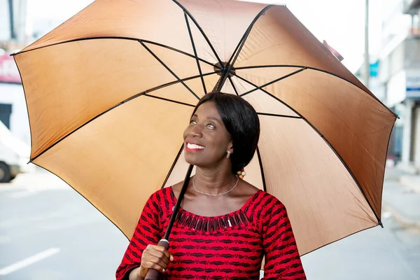 Beautiful African Adult Businesswoman Dressed Red Loincloth Holding Umbrella Hand — Stock Photo, Image