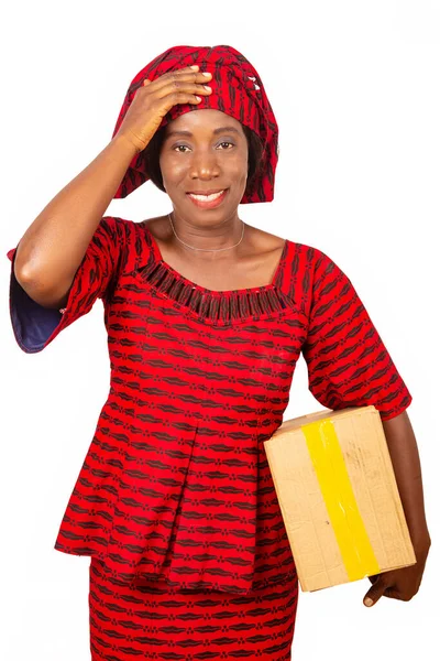 Beautiful African Adult Woman Using Mail Package Making Gesture Putting — Stock Photo, Image