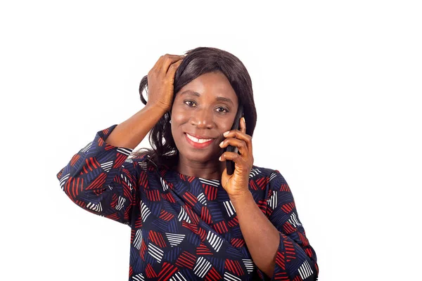 Happy Mature African Woman Talking Mobile Phone Touching Her Long — Stock Photo, Image