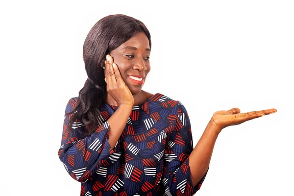 Beautiful Adult African Woman Touching Her Cheek Raised Her Arm — Stock Photo, Image