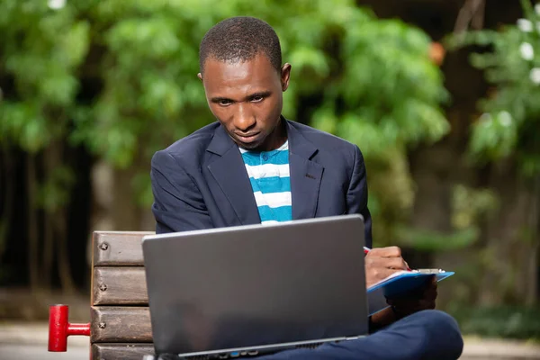 Hombre Negocios Guapo Serio Sentado Parque Trabajando Con Una Computadora —  Fotos de Stock