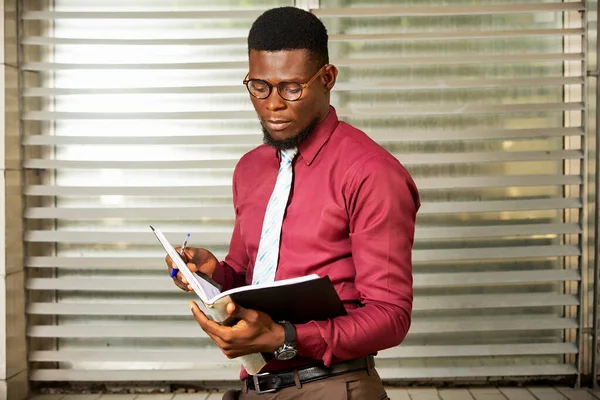 Hombre Negocios Africano Guapo Pie Mirando Registro Vistiendo Una Cachemira —  Fotos de Stock