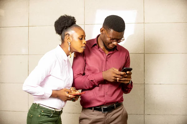 Beautiful Curious Woman Looking Her Husband Shoulder While Writing Messaging — Stock Photo, Image