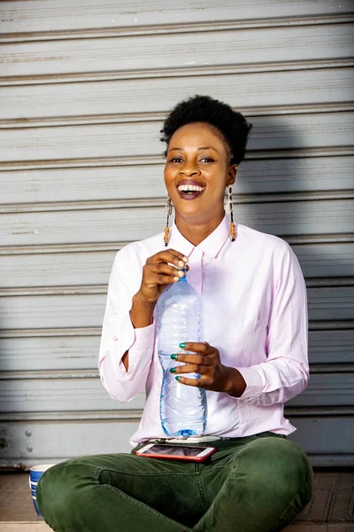 Young Businesswoman Holding Bottle Mineral Water Happy — Stock Photo, Image