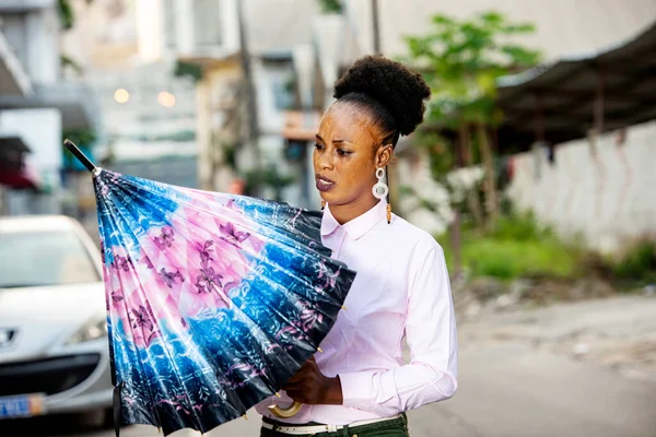 Beautiful Young Woman Standing Opening Umbrella Street Outdoors — Stock Photo, Image