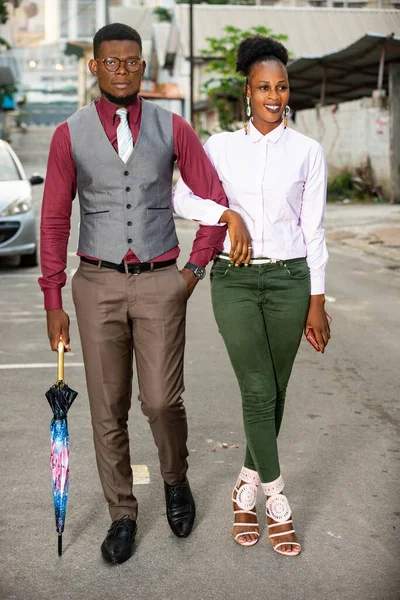 Happy Young African Couple Walking While Standing Talking Hand Street — Stock Photo, Image