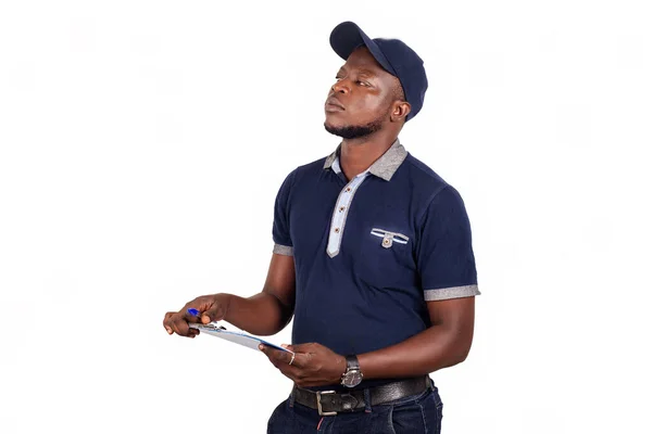 Jovem Homem Entrega Azul Uniforme Reflexivo Olhando Para Lados Com — Fotografia de Stock