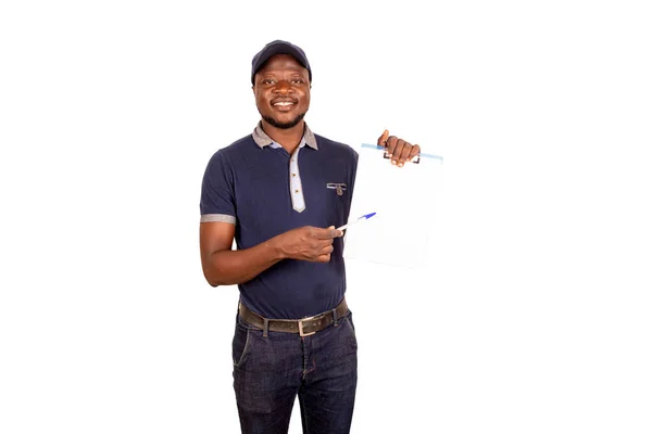 Joven Guapo Pie Uniforme Azul Sosteniendo Una Prensa Papel Con —  Fotos de Stock