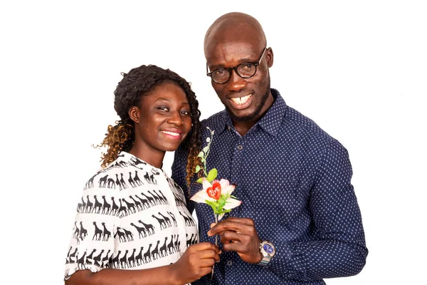 Beautiful Couple Standing White Background Holding Flower Smiling — Stock Photo, Image