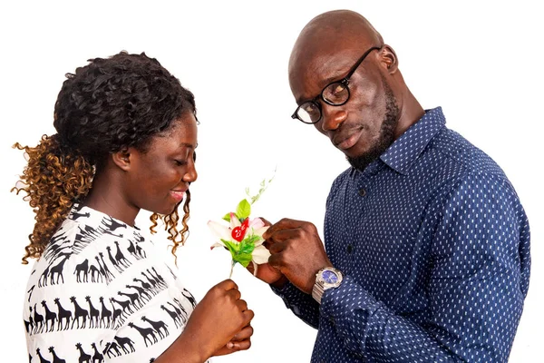 Beautiful Couple Standing White Background Holding Flower Smiling — Stock Photo, Image