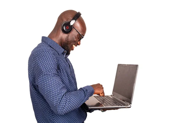 Handsome Businessman Standing White Background Working Laptop Listening Music Using — Stock Photo, Image